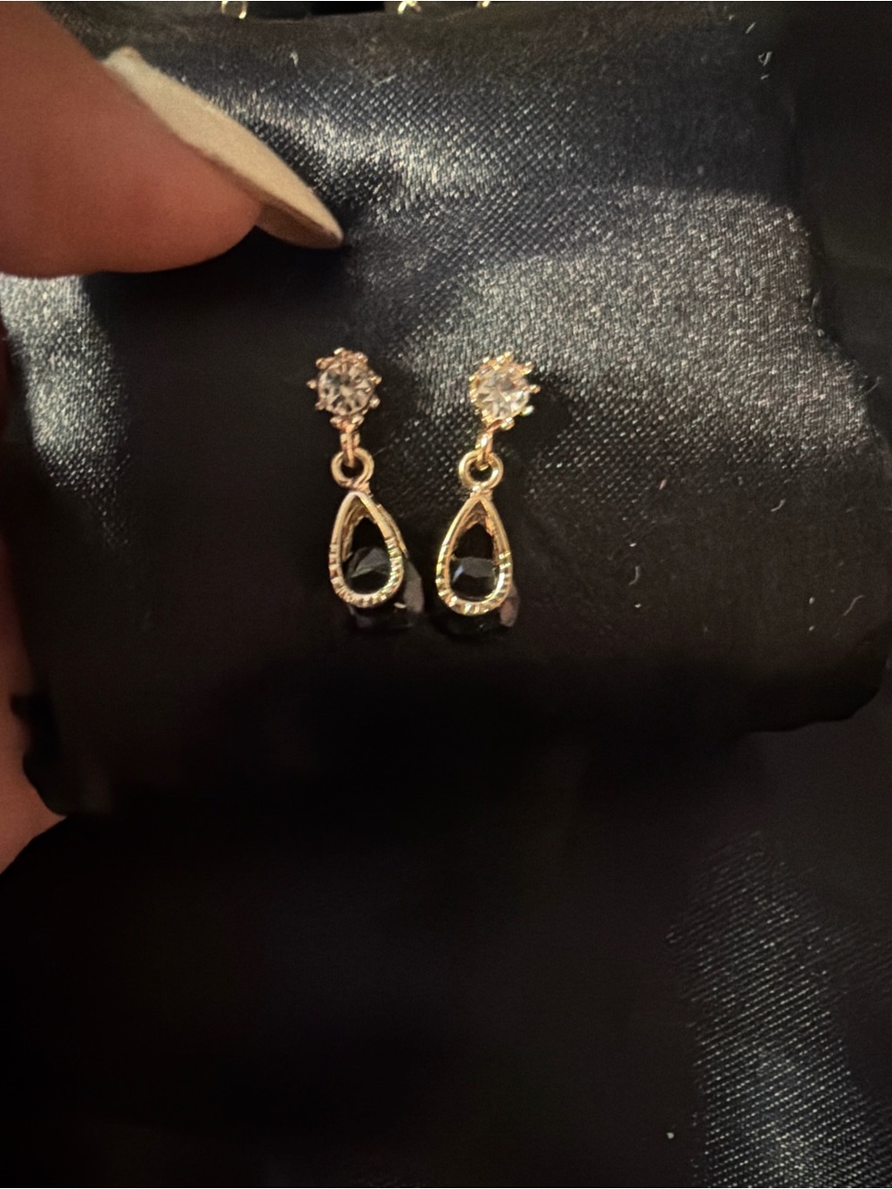 Gold Teardrop Drop Earrings with Black Crystal Accent